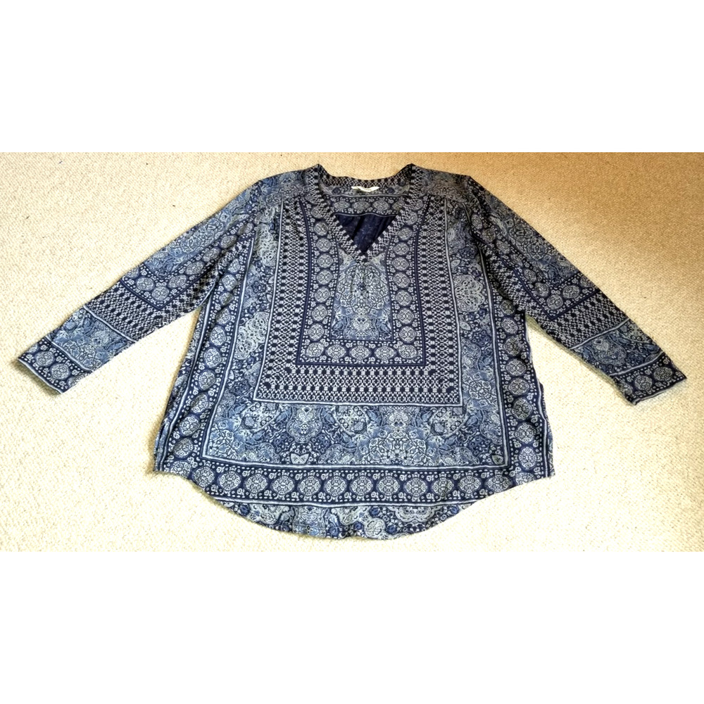 Womens Top-LUCKY BRAND-blue 'Border Print' cotton/linen stretch knit tunic-XL